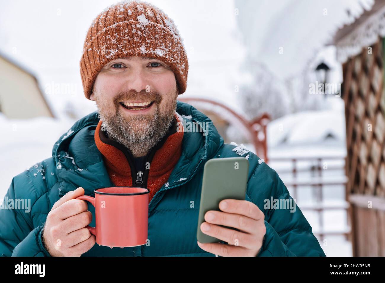 Bright Red Blue Mugs Hot Drinks Snow Background Text Space Stock Photo by  ©strike0 422531942