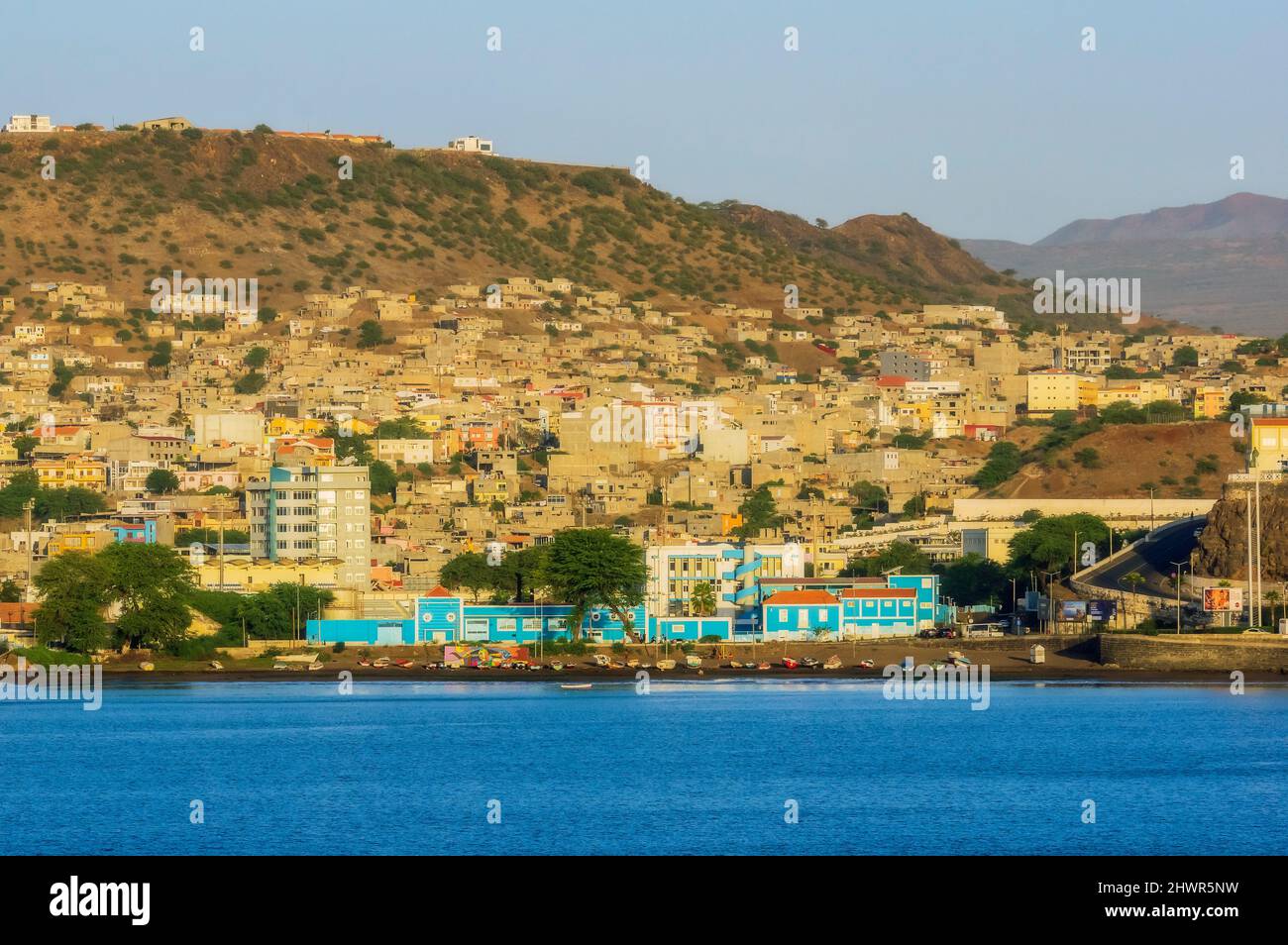 Cape Verde, Sao Vicente, Mindelo, Edge of coastal city with hill in background Stock Photo