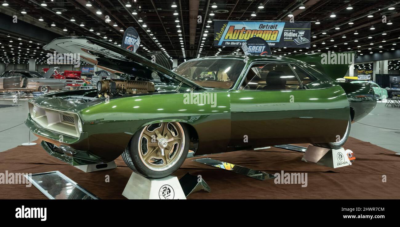 DETROIT, MI/USA - March 5, 2022: 1970 Plymouth 'Cuda (Barracuda), 'Great 8' finalist and contender for the Ridler trophy, at the Detroit Autorama. Stock Photo