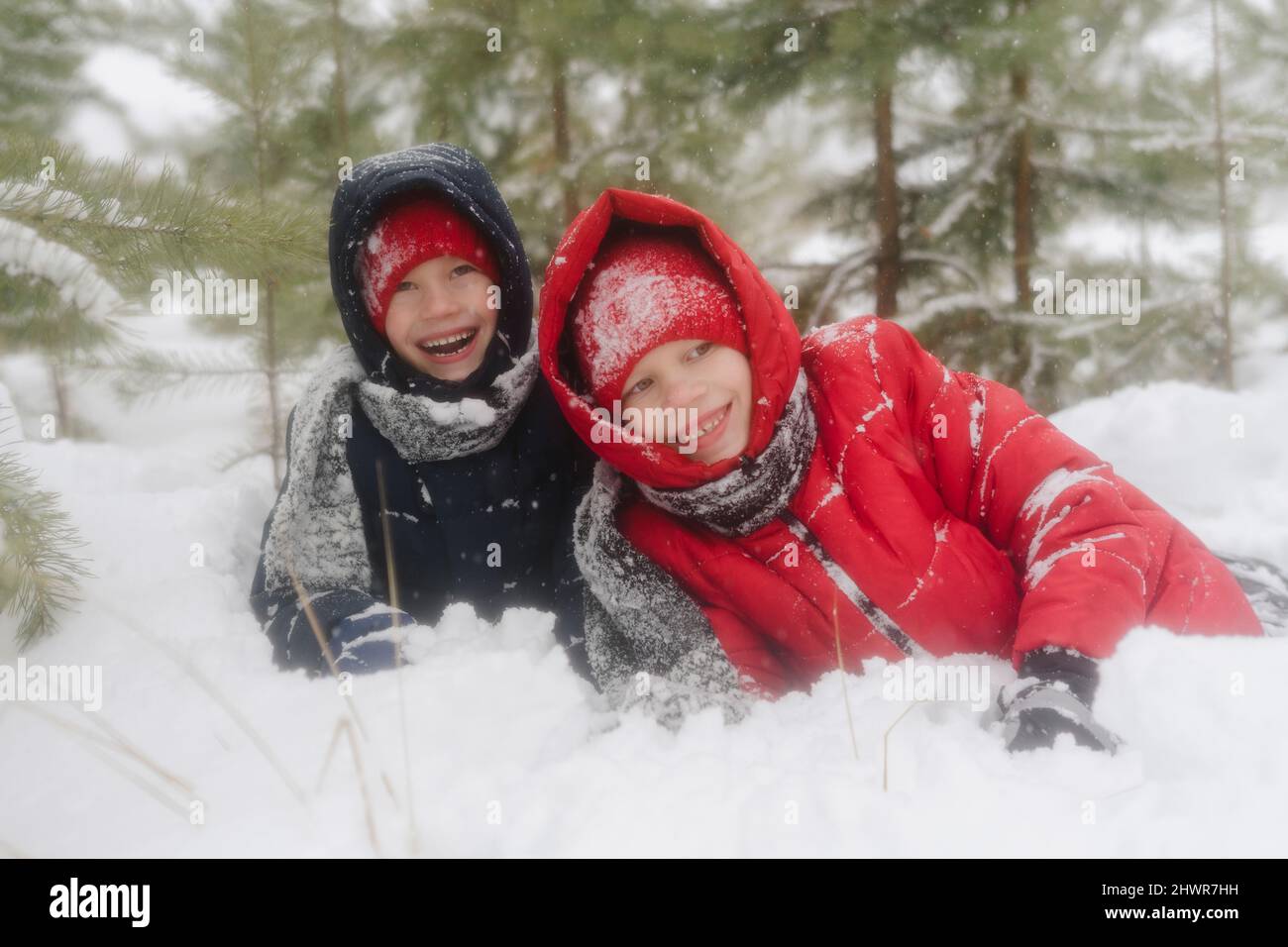 Happy twin brothers enjoying winter in snow forest Stock Photo - Alamy