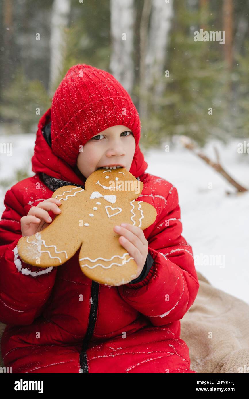 Boy eating gingerbread cookie sitting in winter Stock Photo
