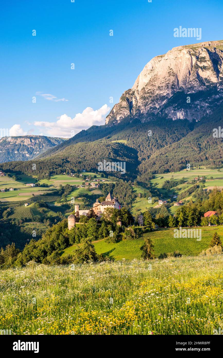 Italy, South Tyrol, Vols am Schlern, View of Prosels Castle in summer with meadow in foreground and Schlern in background Stock Photo