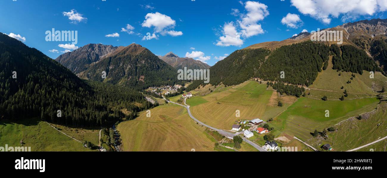 Austria, Tyrol, Sankt Sigmund im Sellrain, Aerial panorama of Sellrain Valley in summer Stock Photo