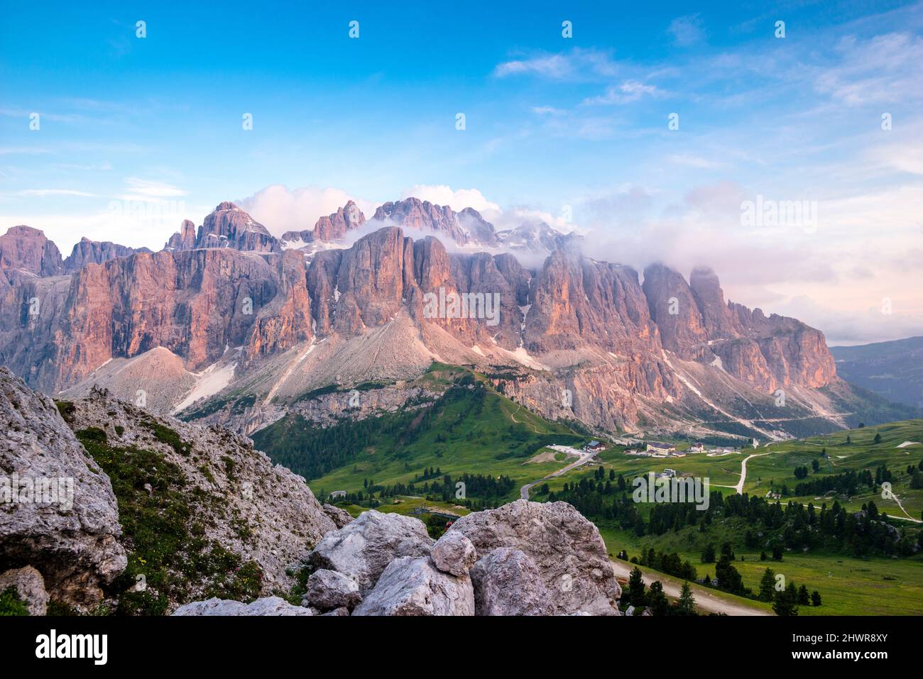 Italy, South Tyrol, Scenic view of Sella Group massif in summer Stock Photo