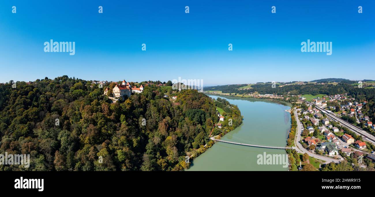 Drone panorama of river Inn separating Germany and Austria Stock Photo