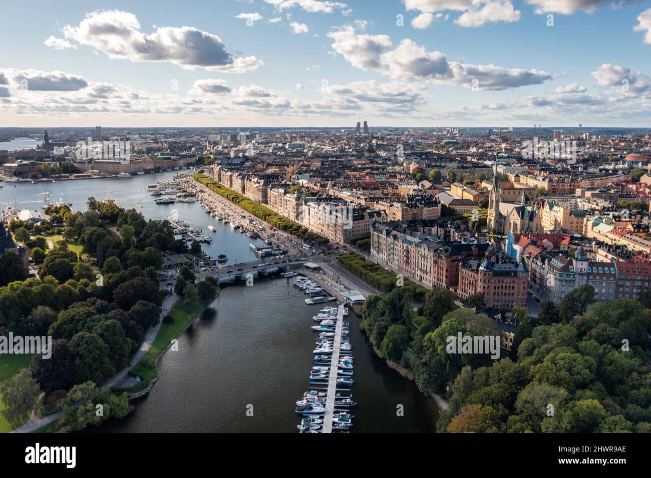 Sweden, Stockholm County, Stockholm, Aerial view of Strandvagen boulevard and Ostermalm district Stock Photo