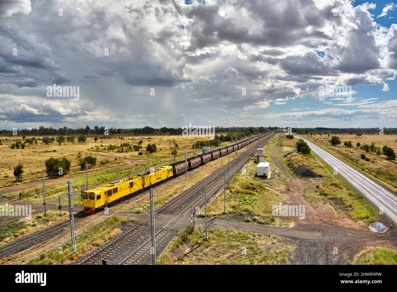 Aerial of coal train loading 10,000 tons of coal at Boonal Blackwater