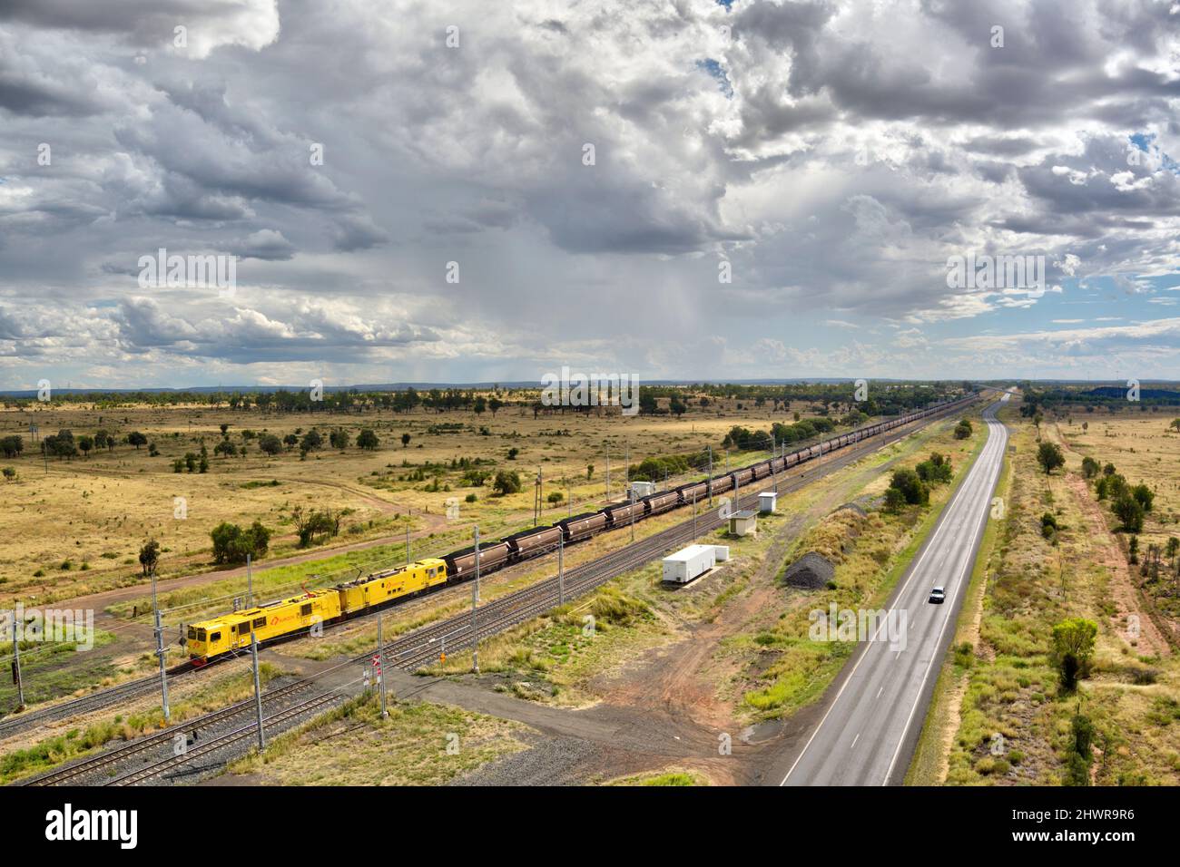 Aerial of coal train loading 10,000 tons of coal at Boonal Blackwater
