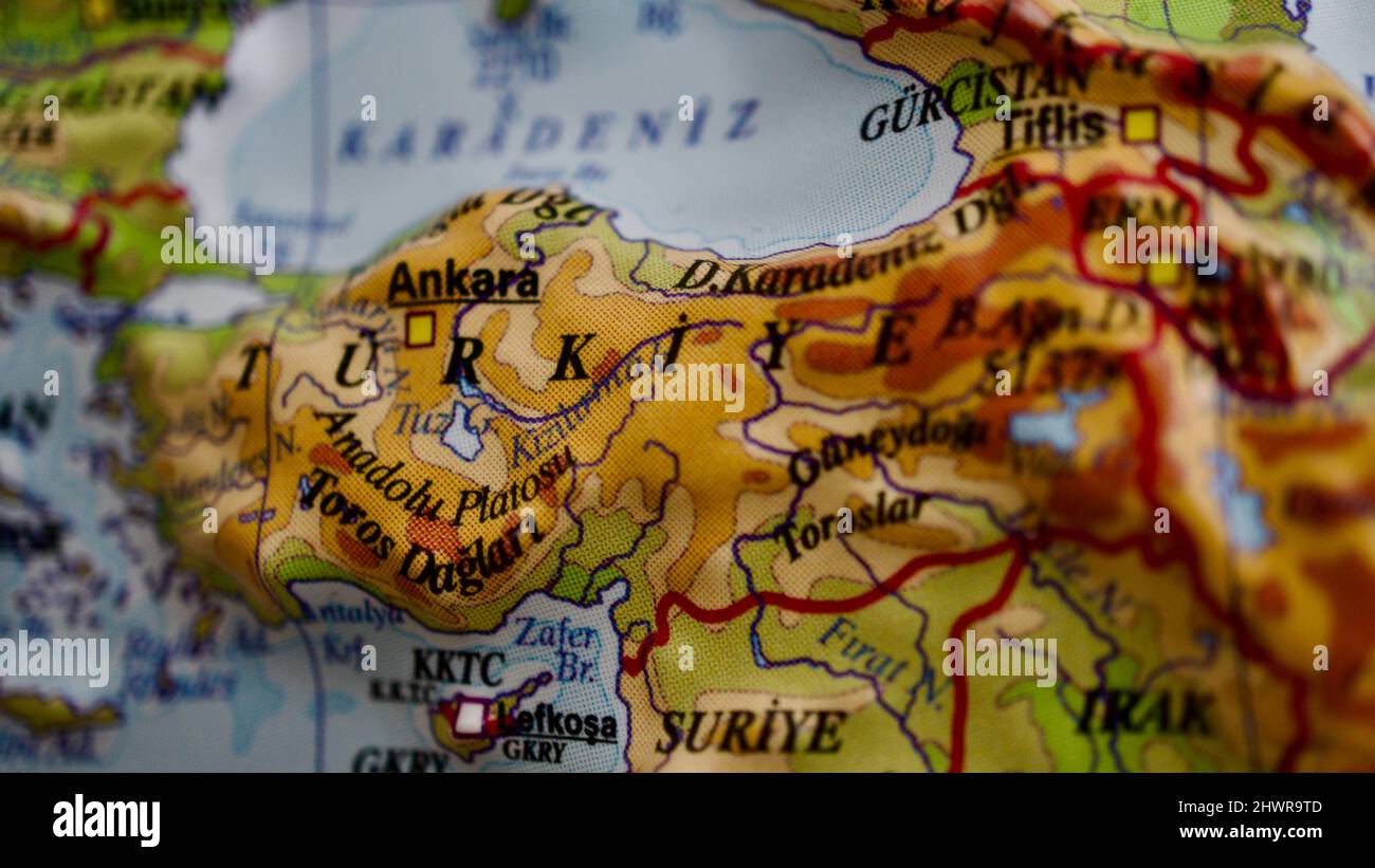 Turkey country on embossed map. Topographic and physical map. Close-up embossed map of Turkey. Stock Photo