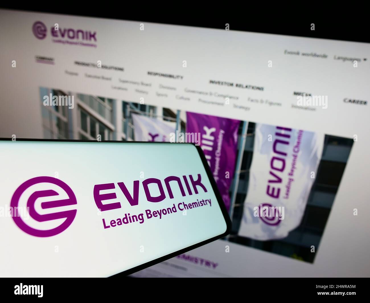 Cellphone with logo of German chemicals company Evonik Industries AG on
