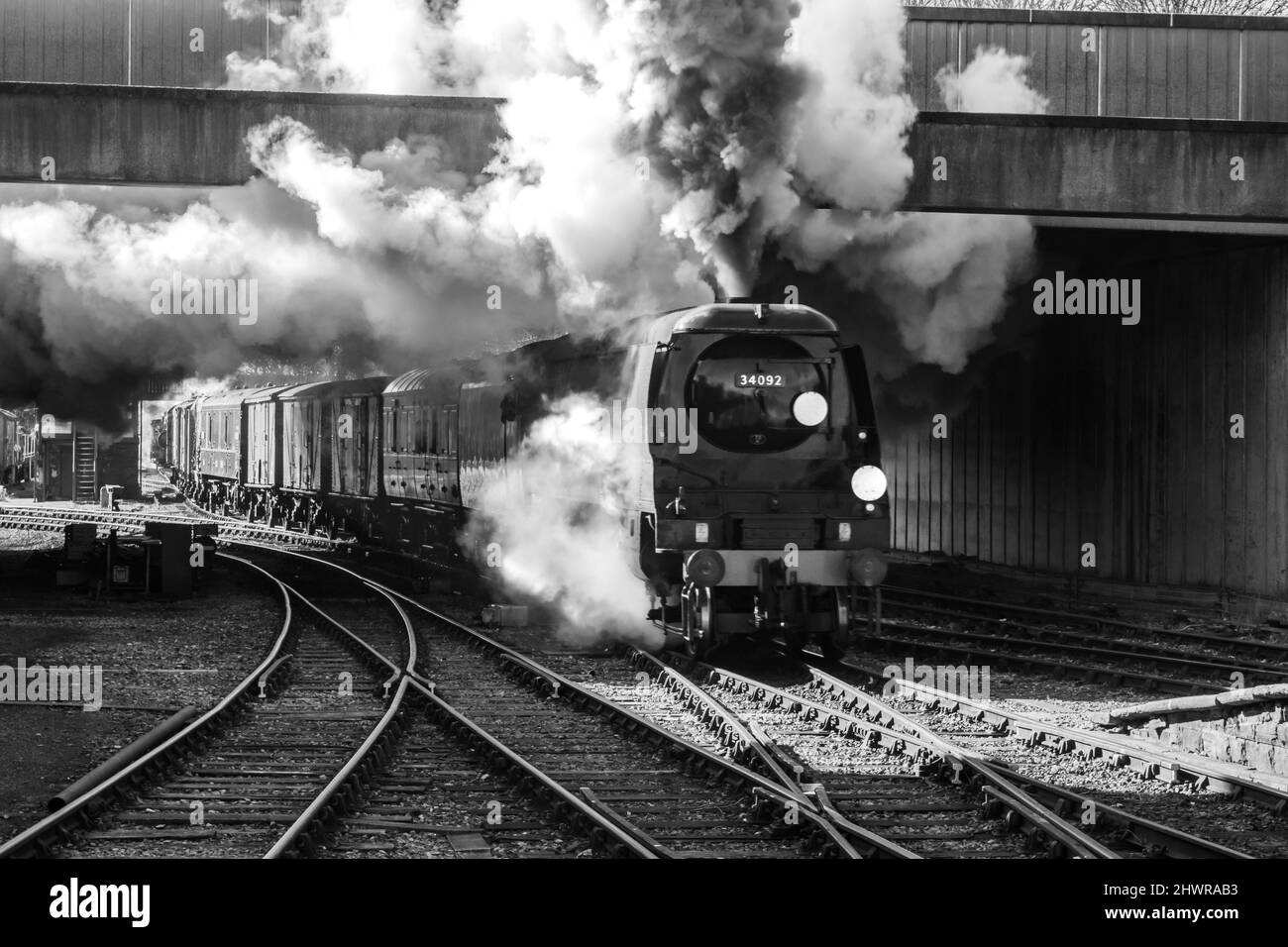 Bullied 7P5FA 4-6-2 ‘West Country’ class locomotive number 34092 The City of Wells entering Bury station on the East Lancs Railway Stock Photo
