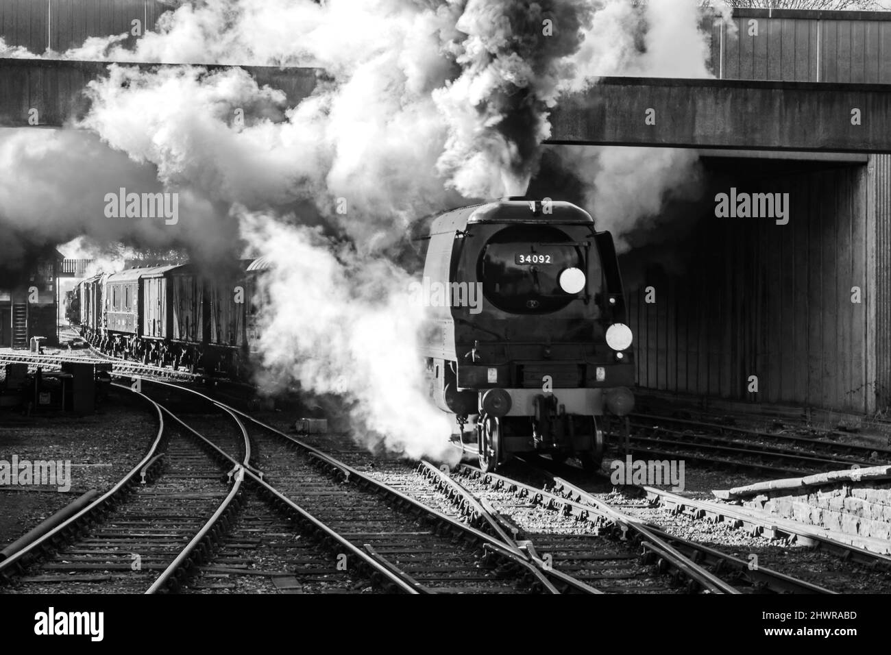 Bullied 7P5FA 4-6-2 ‘West Country’ class locomotive number 34092 The City of Wells entering Bury station on the East Lancs Railway Stock Photo