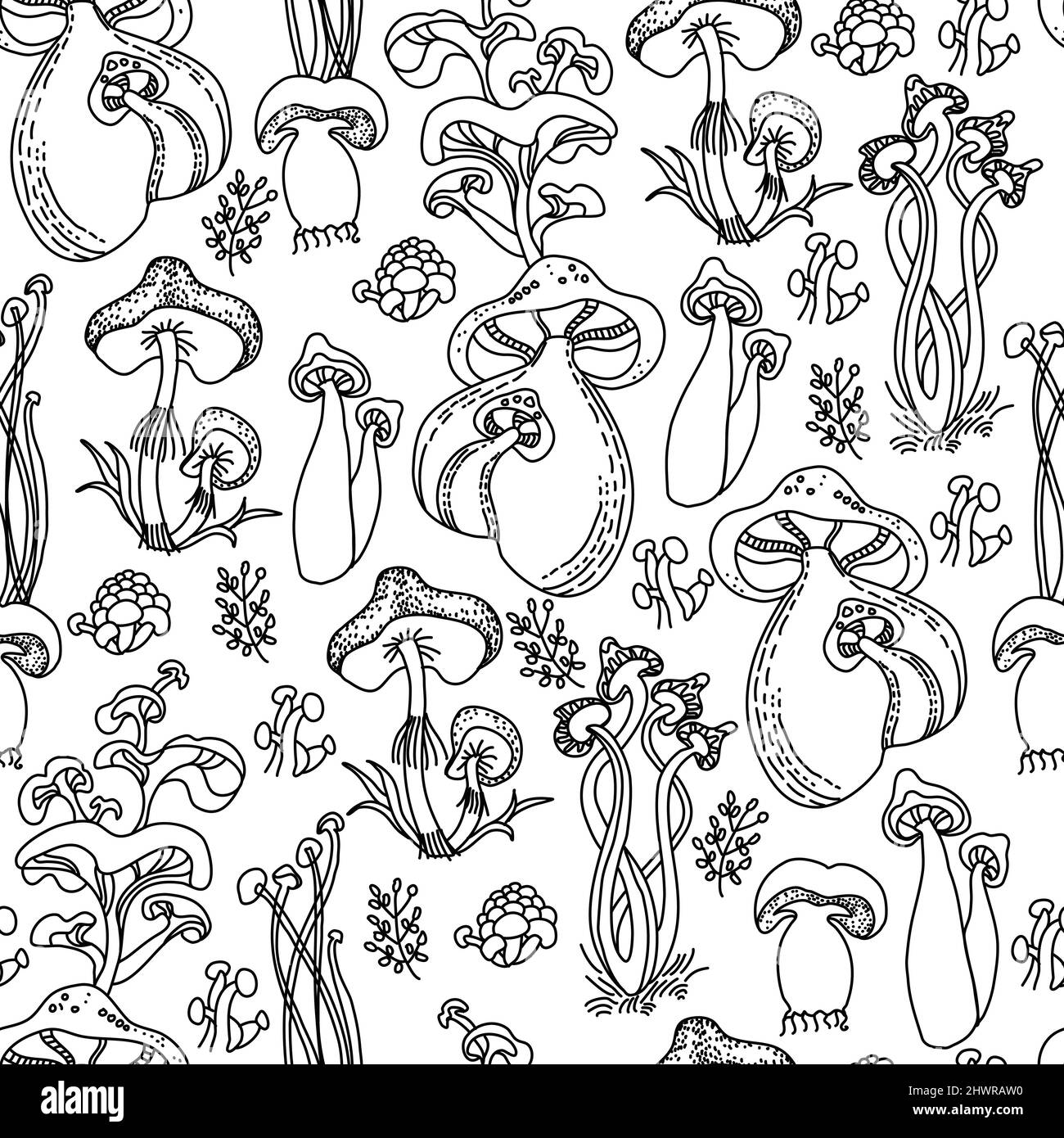 Freehand drawn line magic mushrooms seamless pattern. Stock Vector
