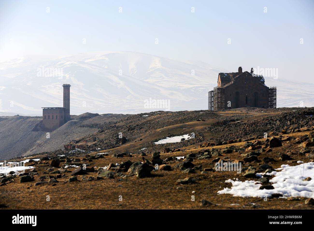 Ani Ruins, Ani is a ruined and uninhabited medieval Armenian city-site situated in the Turkish province of Kars. Stock Photo