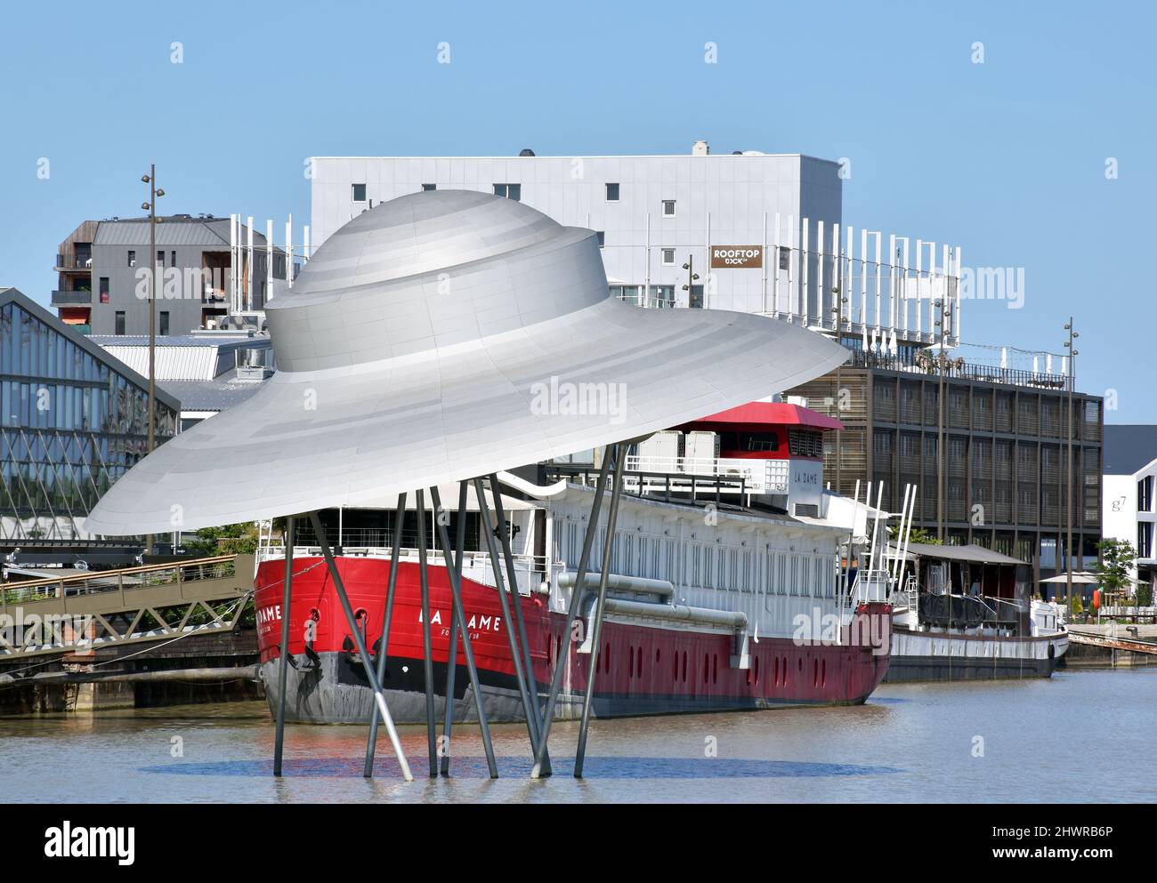 Sculpture entitled Bordeaux Ship, sculptor Suzanne Treister, imagining metamorphosis of a WW2 shipwreck into a space ship, dreams of a betterr future Stock Photo