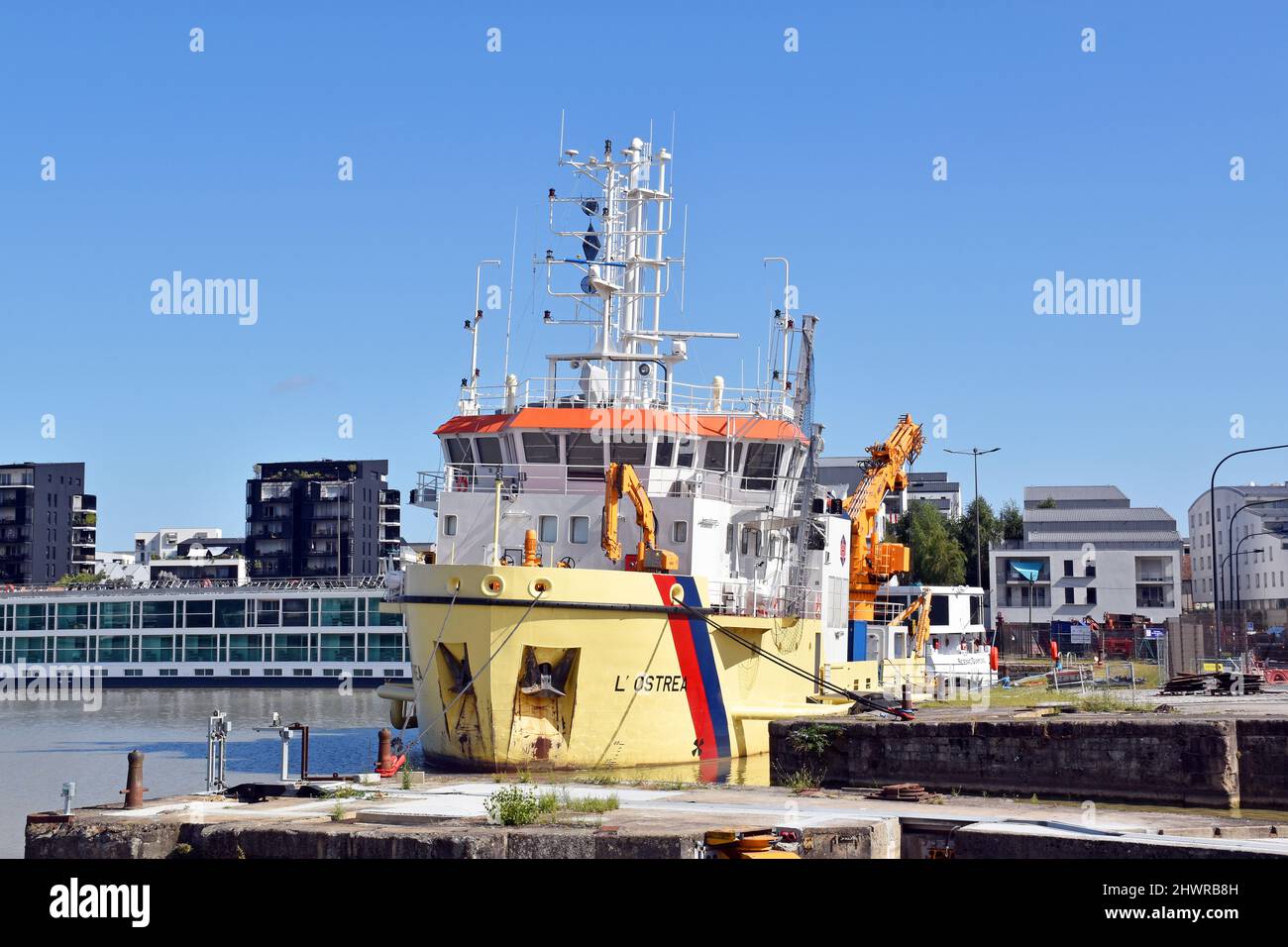 L’Ostrea, a Water Jet Dredging Pontoon, moored in the floating harbour