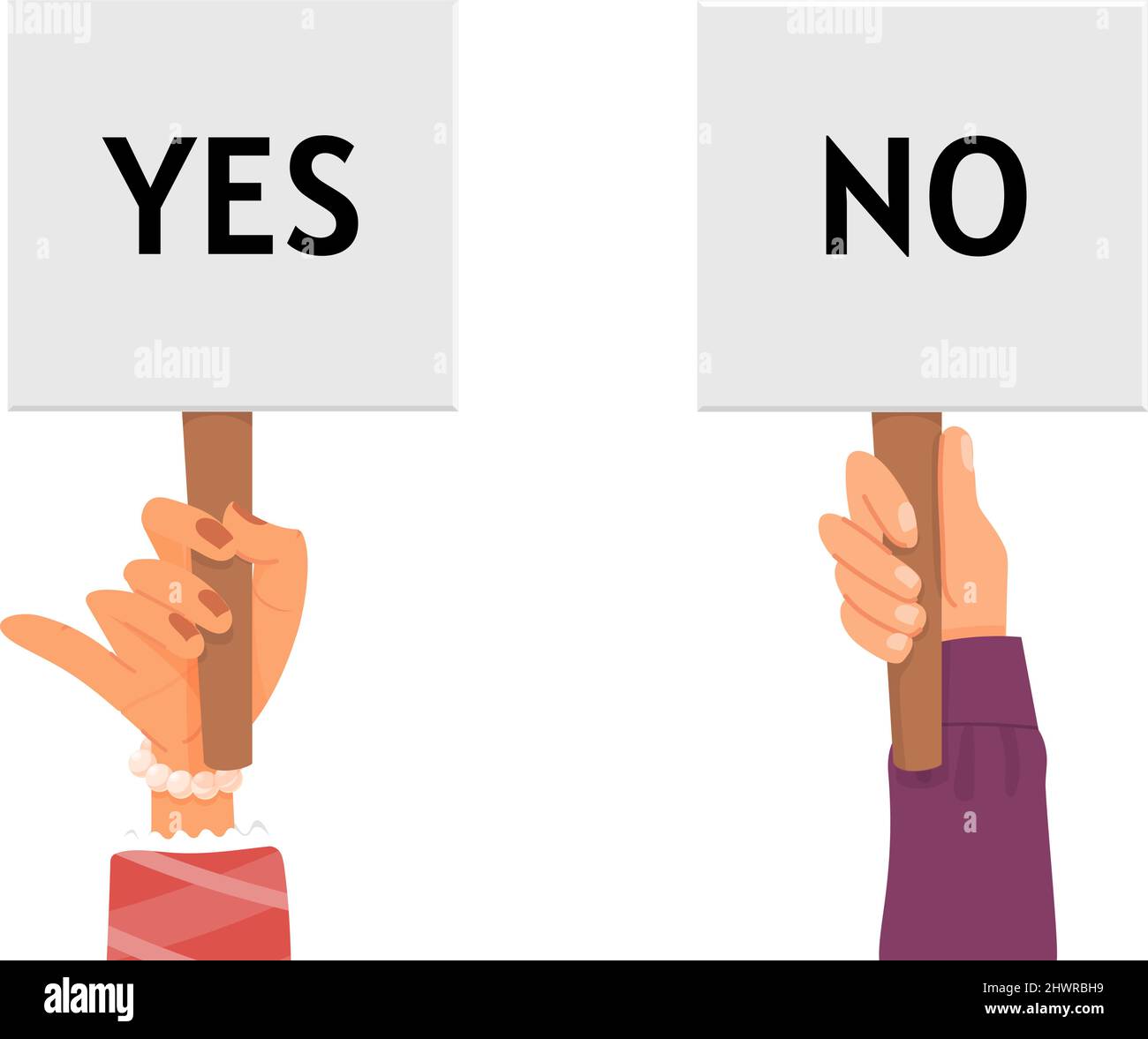 Yes or no. Choice, hands holding banners with opinions. Answer, right