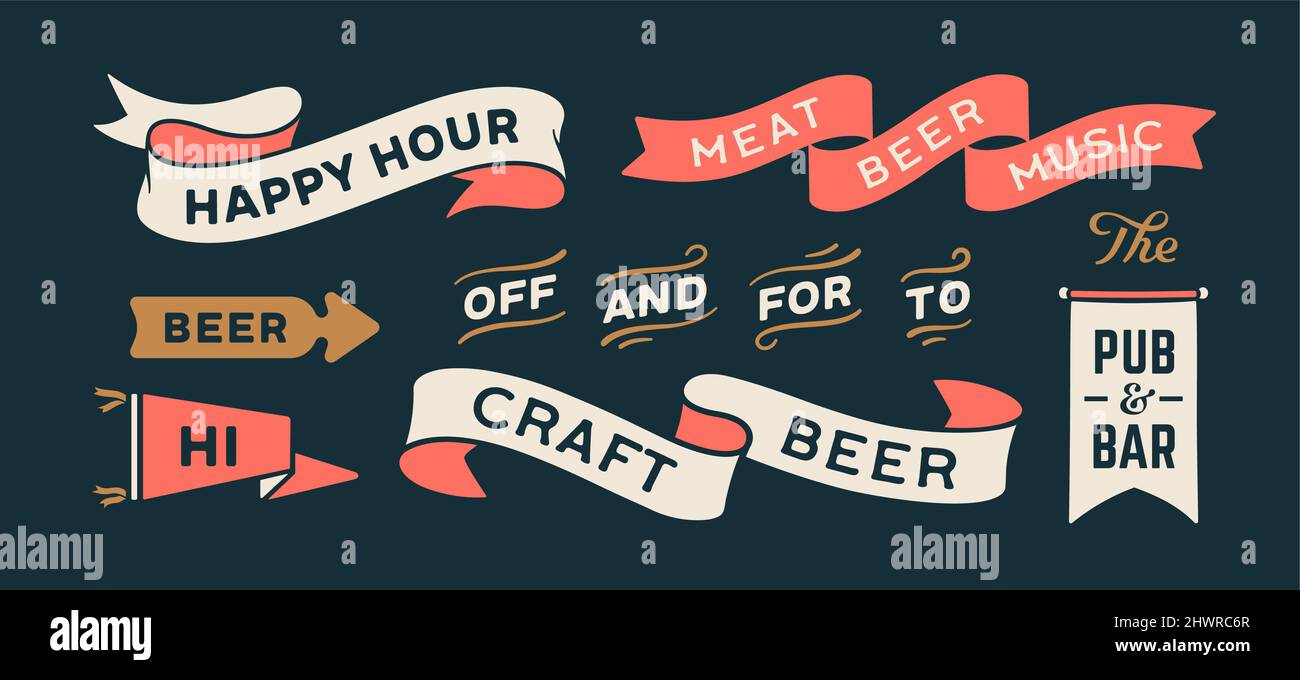 Vintage graphic set. Ribbon, flag, arrow, board with text Beer, Hi, Pub ...