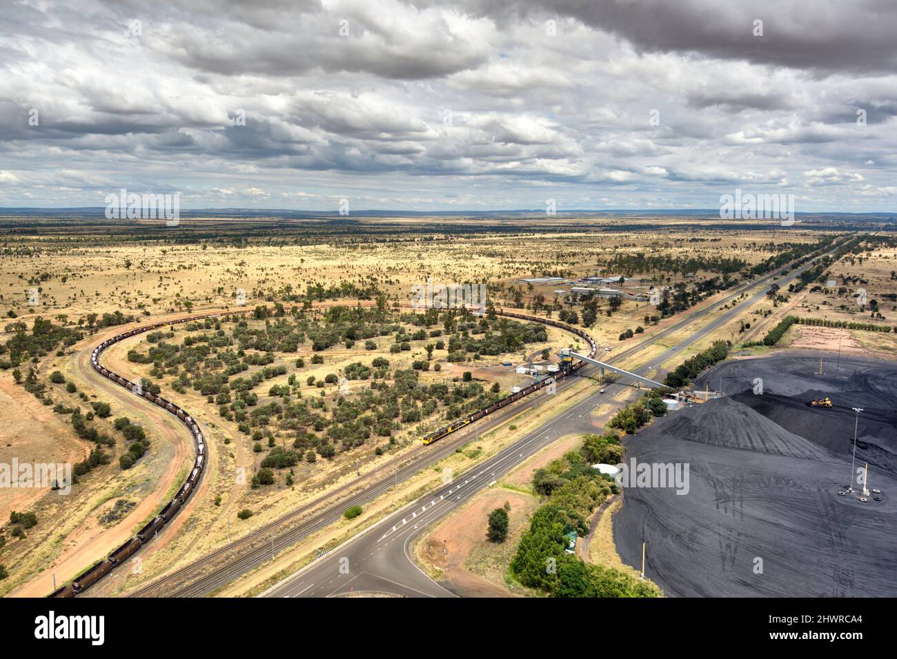 Aerial of train loading 10,000 tons of coal at Boonal Coal Loading