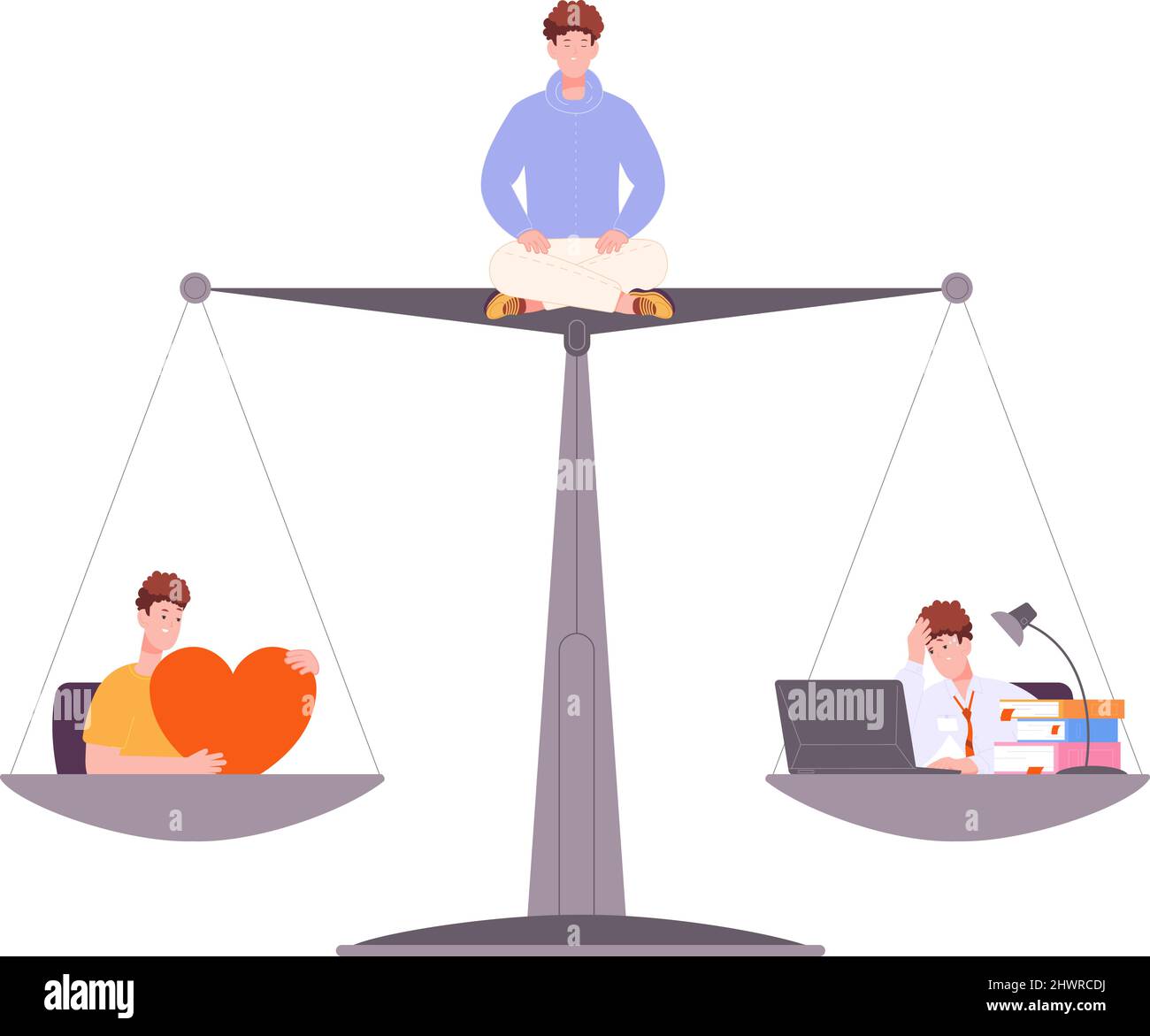 Health work conflict. Balance scale healthy life and business, sweating ...