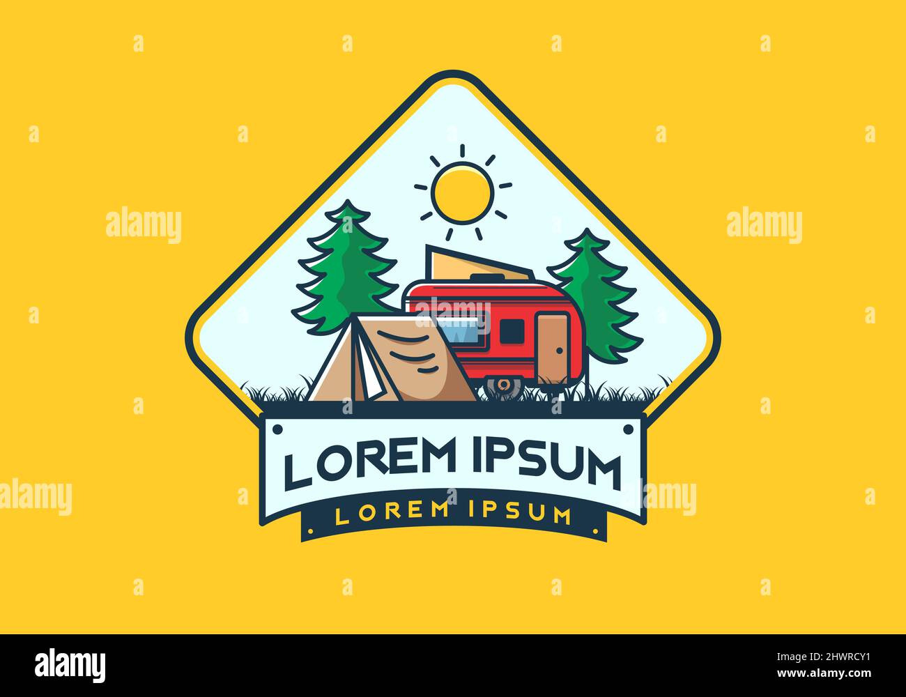 Camping van and tent between pine trees illustration design Stock ...