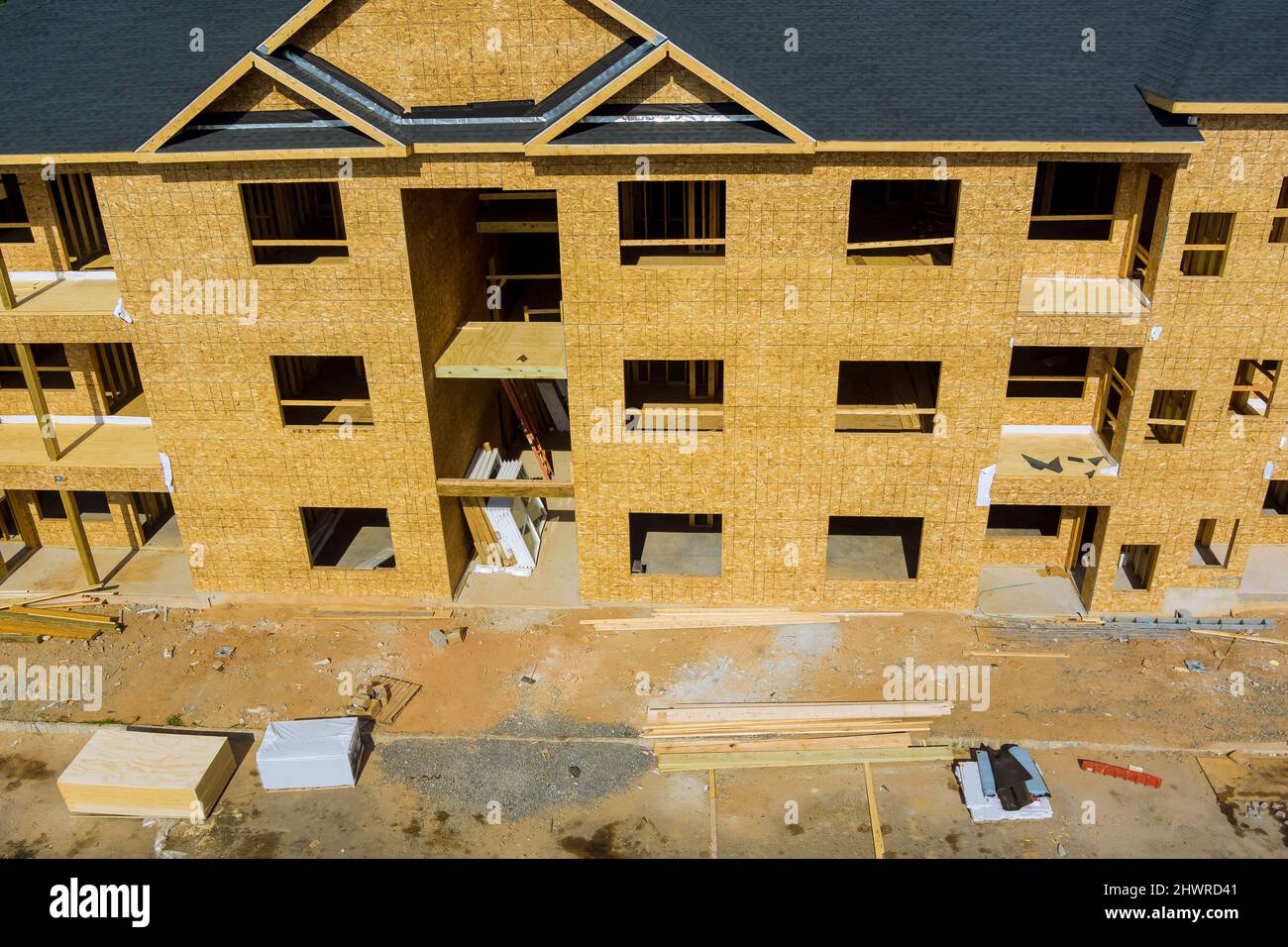 Aerial view of wood framework a new wooden house under construction Stock Photo