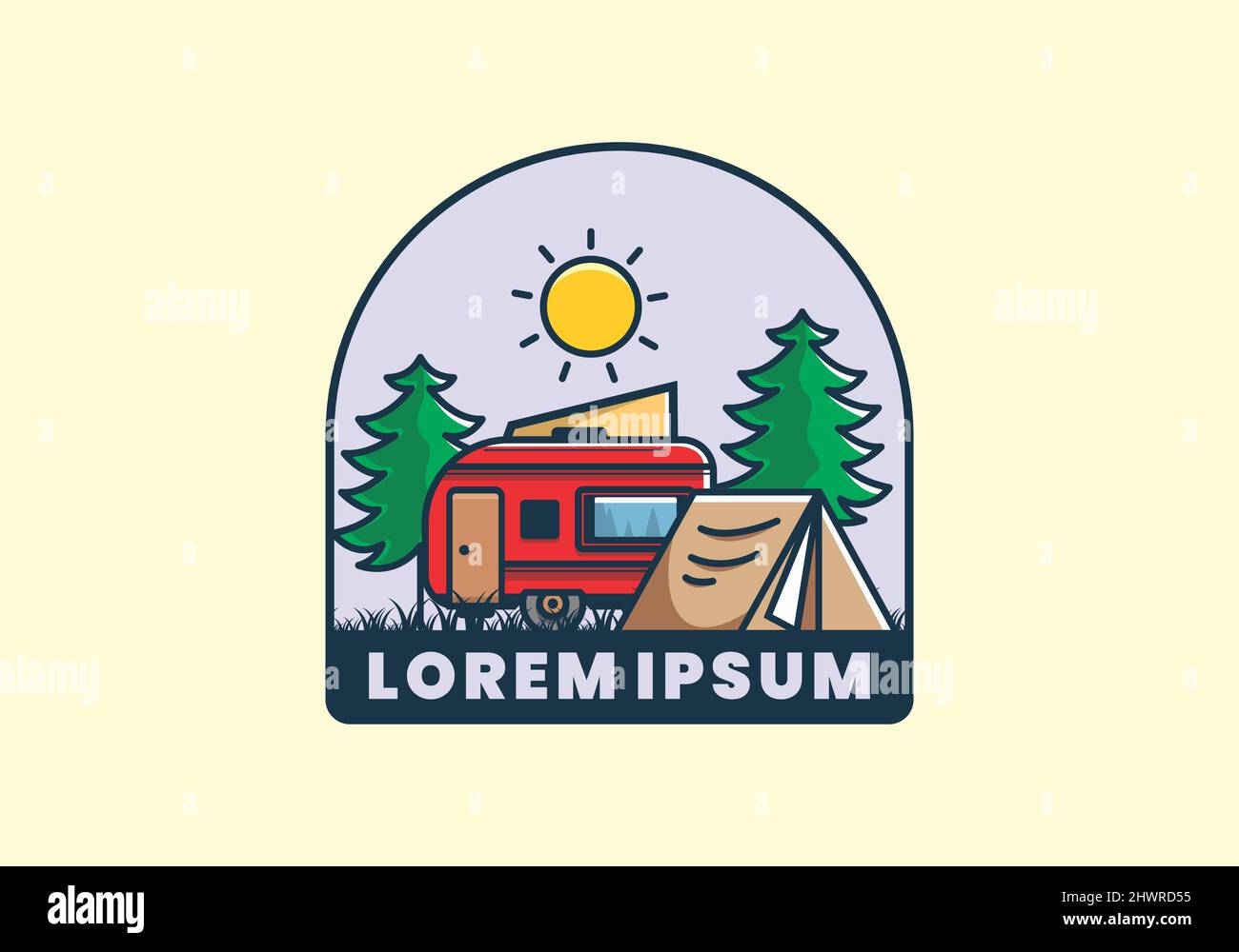 Camping van and tent between pine trees illustration design Stock ...