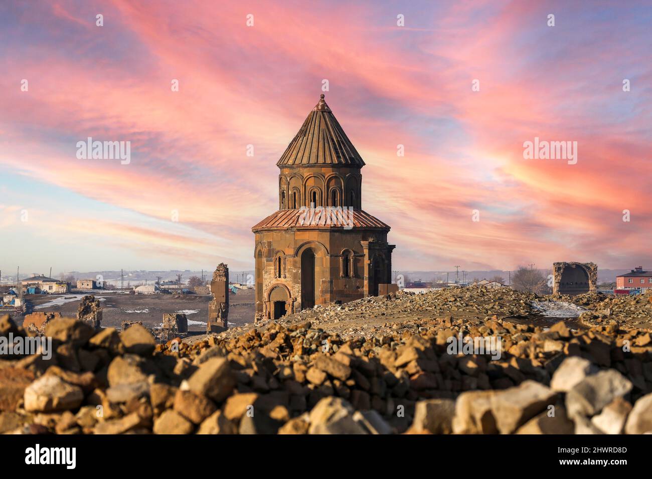 Ani Ruins, Ani is a ruined and uninhabited medieval Armenian city-site situated in the Turkish province of Kars. Stock Photo