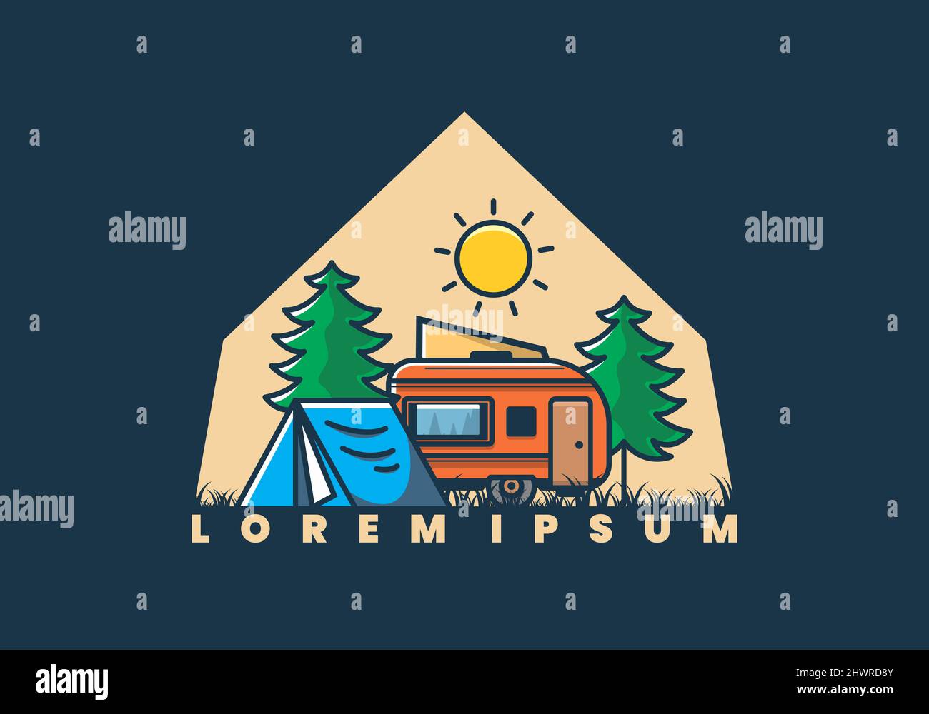 Camping van and tent between pine trees illustration design Stock ...