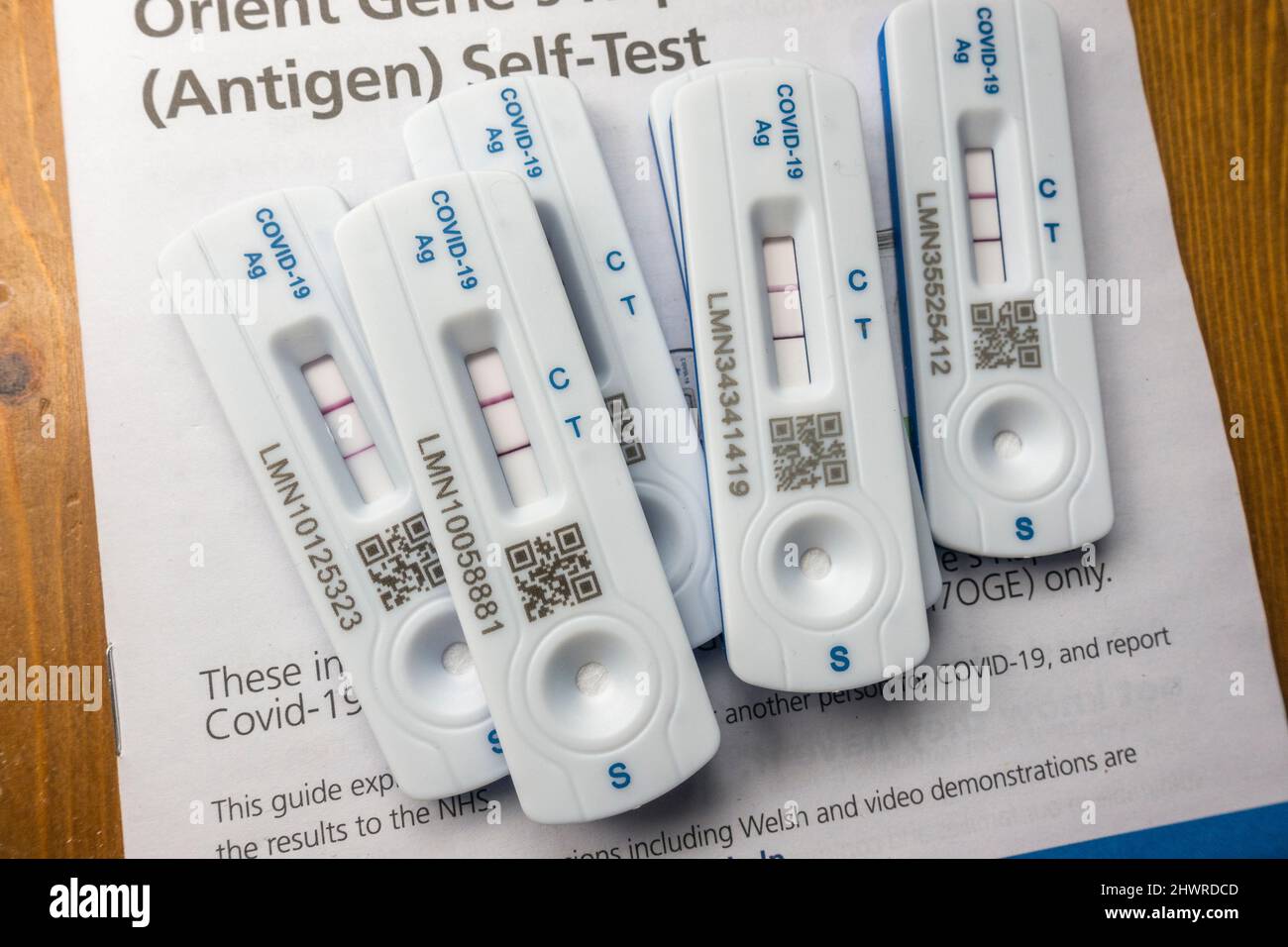 Several genuine Covid-19 positive test kits using Orient Gene lateral flow test kit in London, UK. Stock Photo