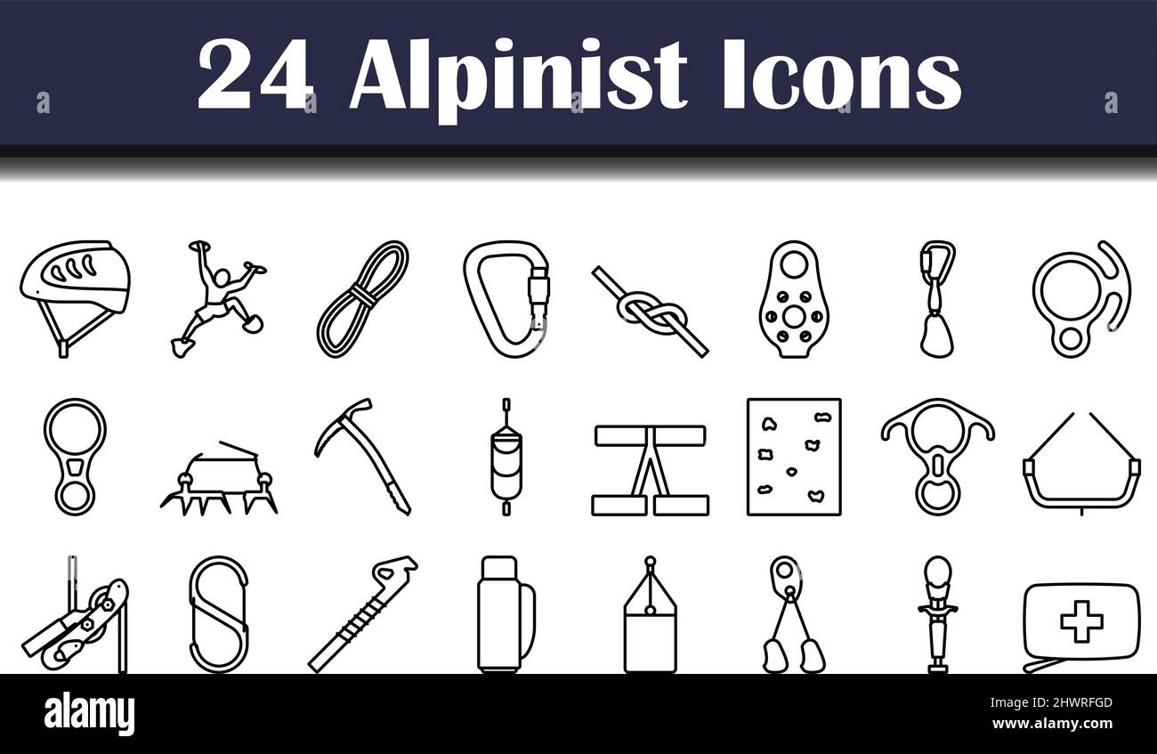 Alpinist Icon Set. Bold outline design with editable stroke width. Vector Illustration. Stock Vector