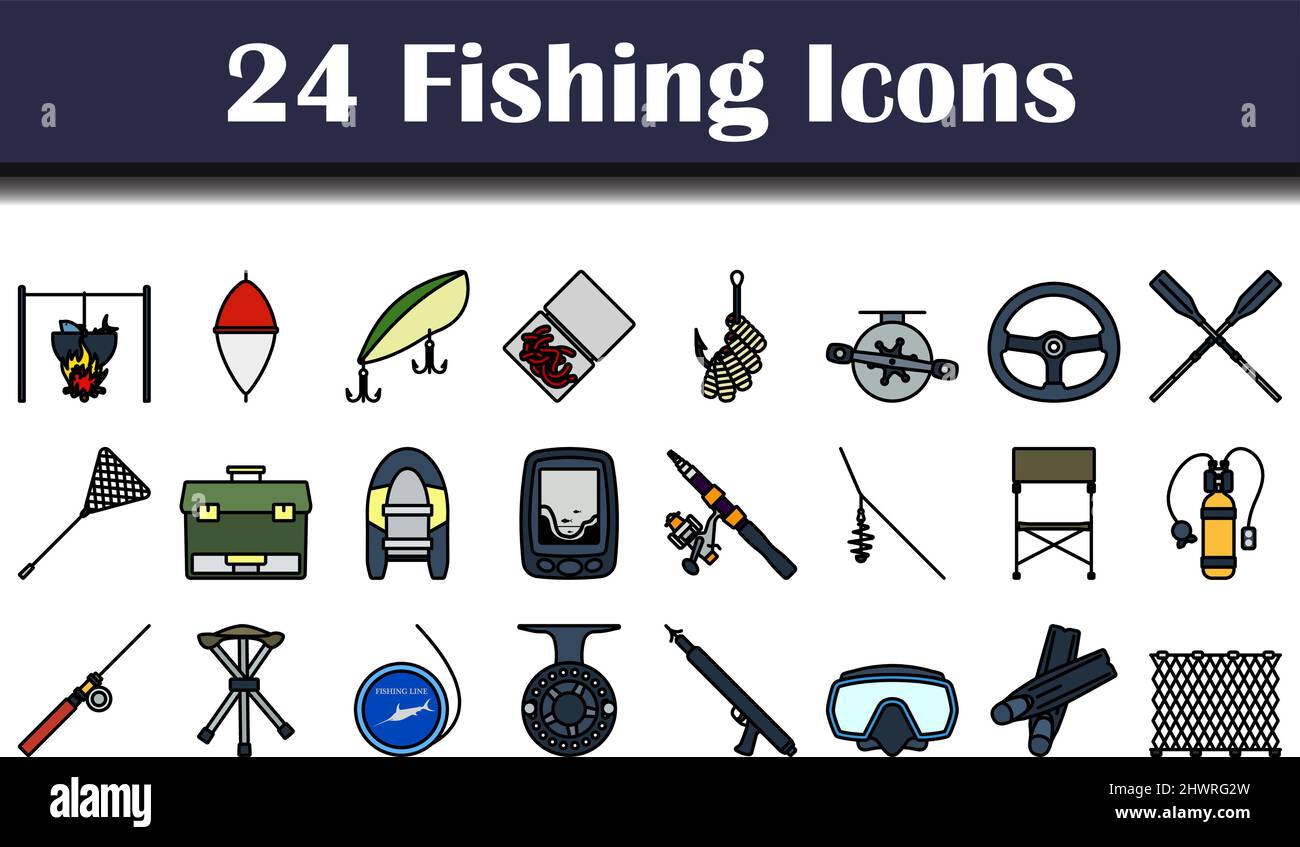 Fishing Icon Set. Editable Bold Outline With Color Fill Design. Vector ...
