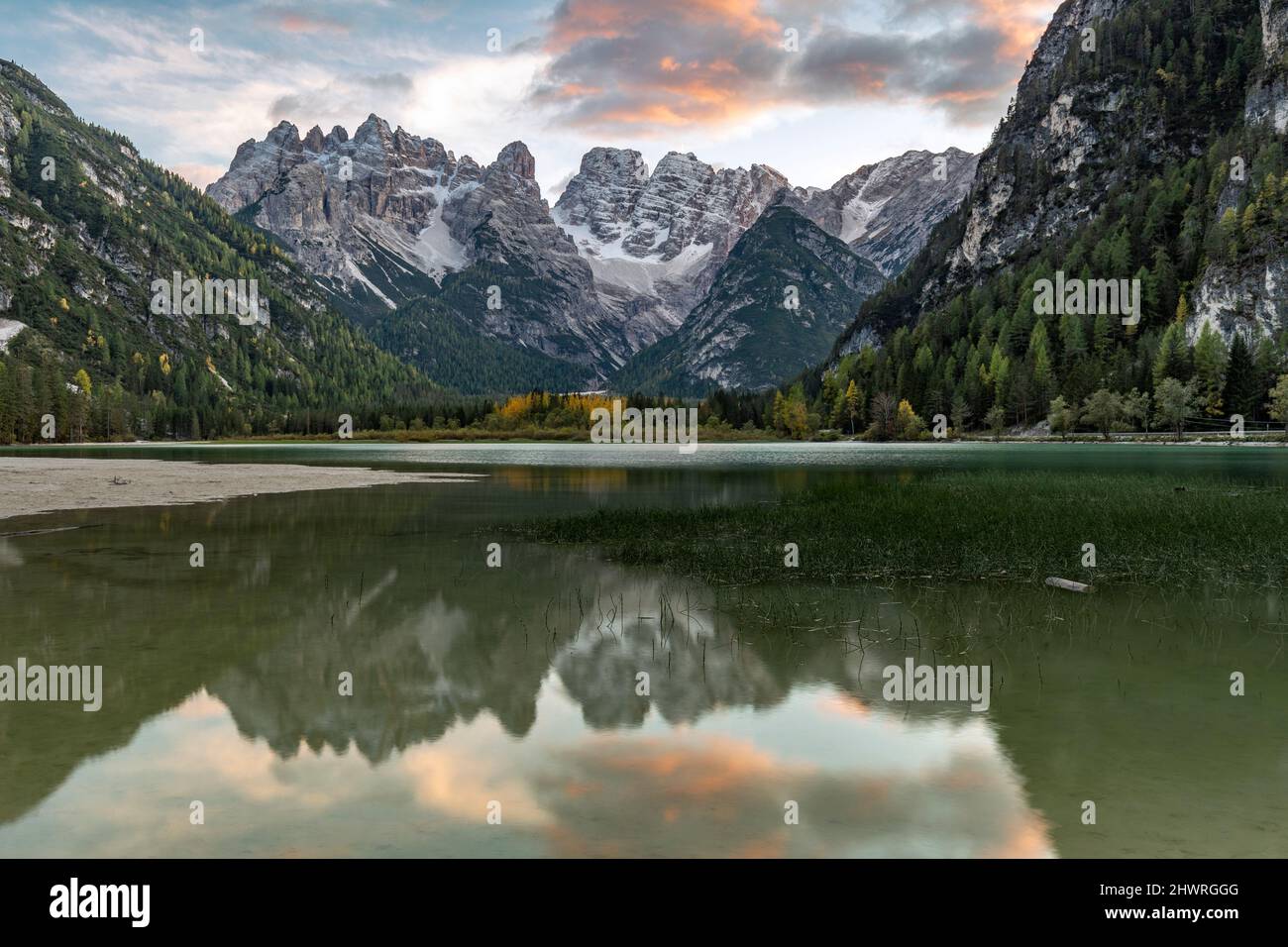 Lago di Landro with Cristallo mountains reflected on the lake, Dolomites, Italian Alps Stock Photo