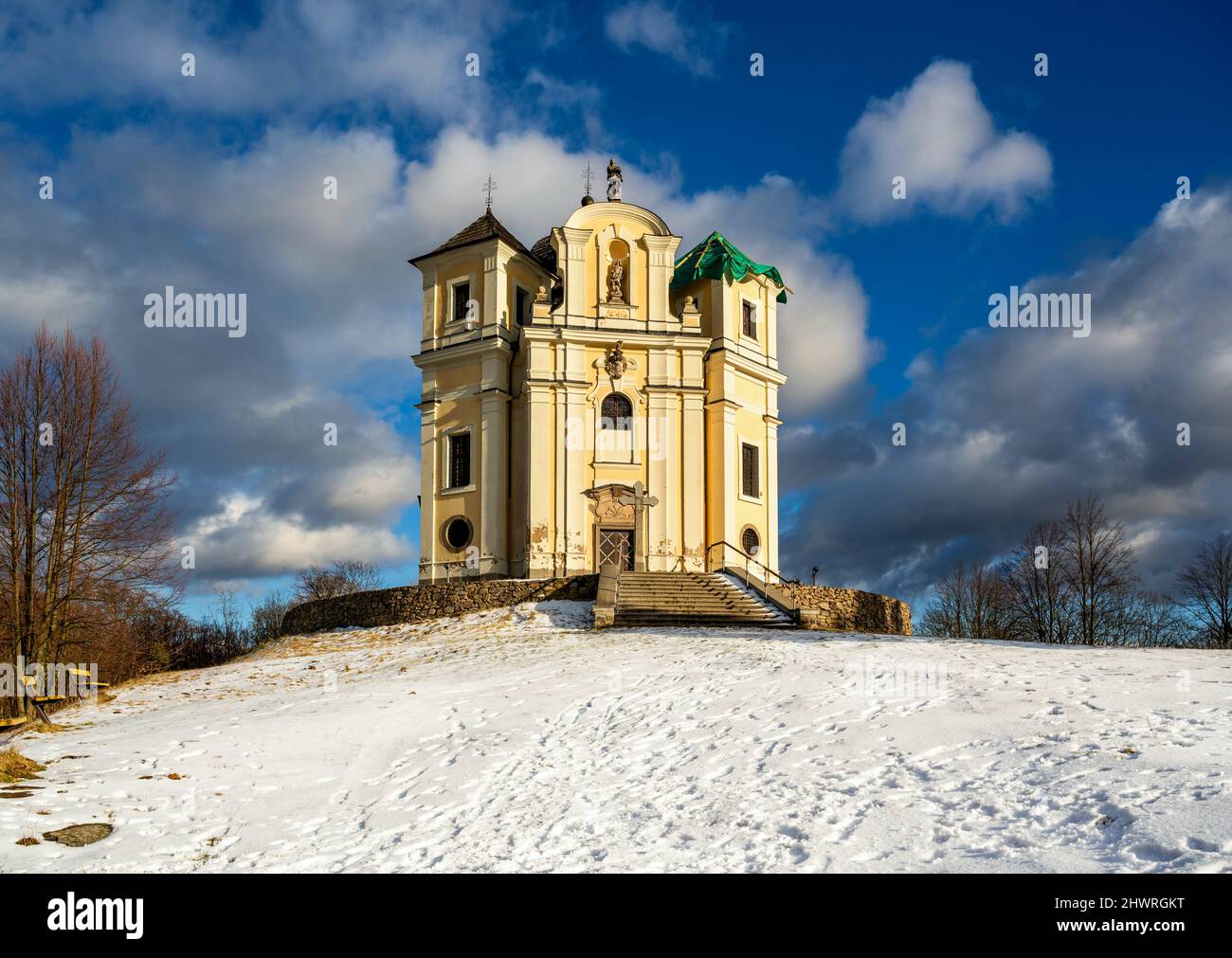 Baroque church of St. John the Baptist and the Virgin Mary, place of pilgrimage on Poppy hill in winter sunny day. Smolotely, Czech republic. Stock Photo