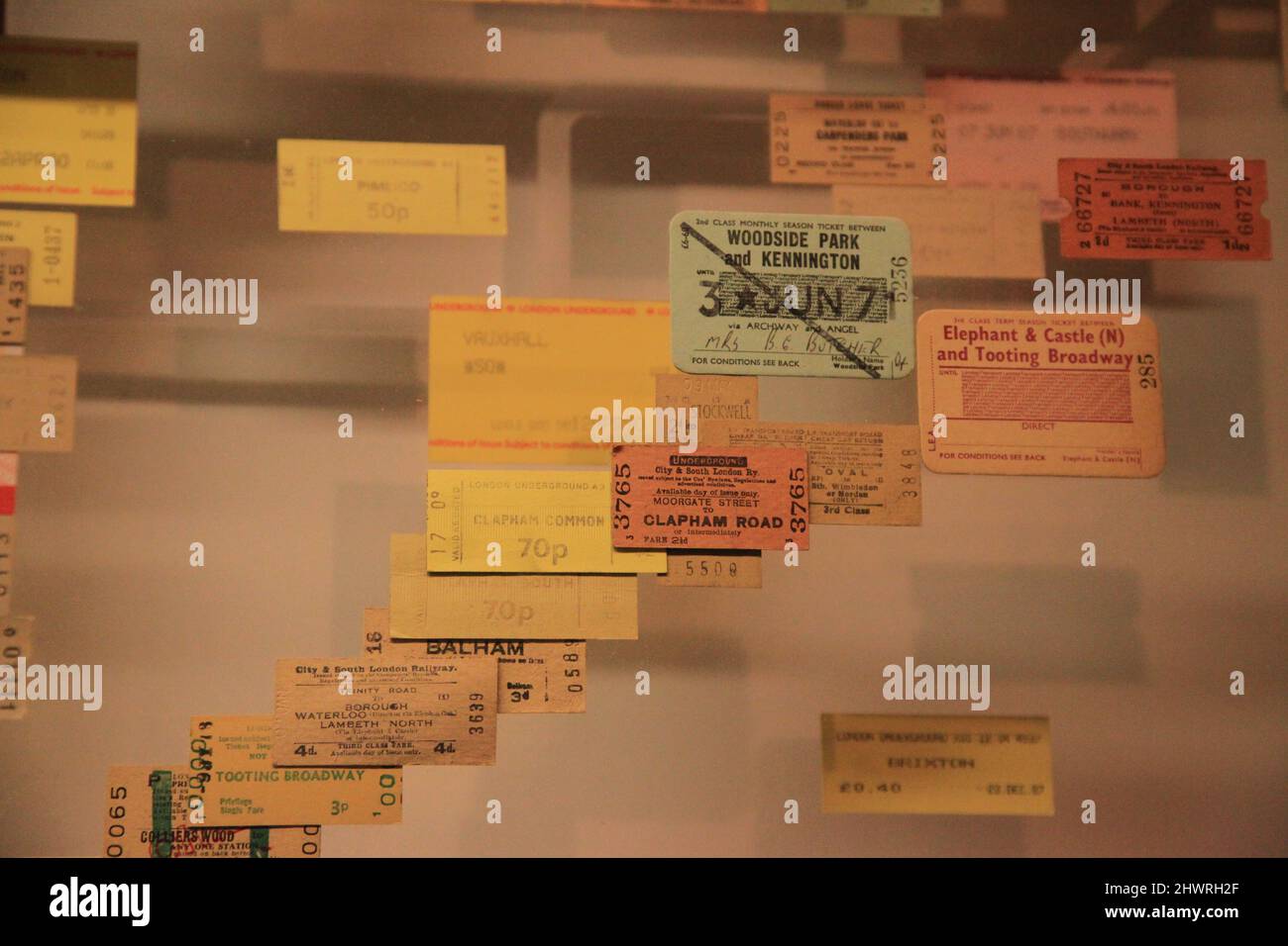 London's transport museum collection of ancient tickets Stock Photo