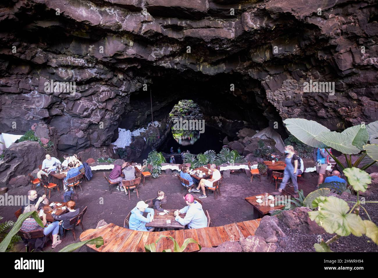 cafe restaurant in the volcanic lava tunnel of jameos del agua lanzarote, canary islands, spain Stock Photo