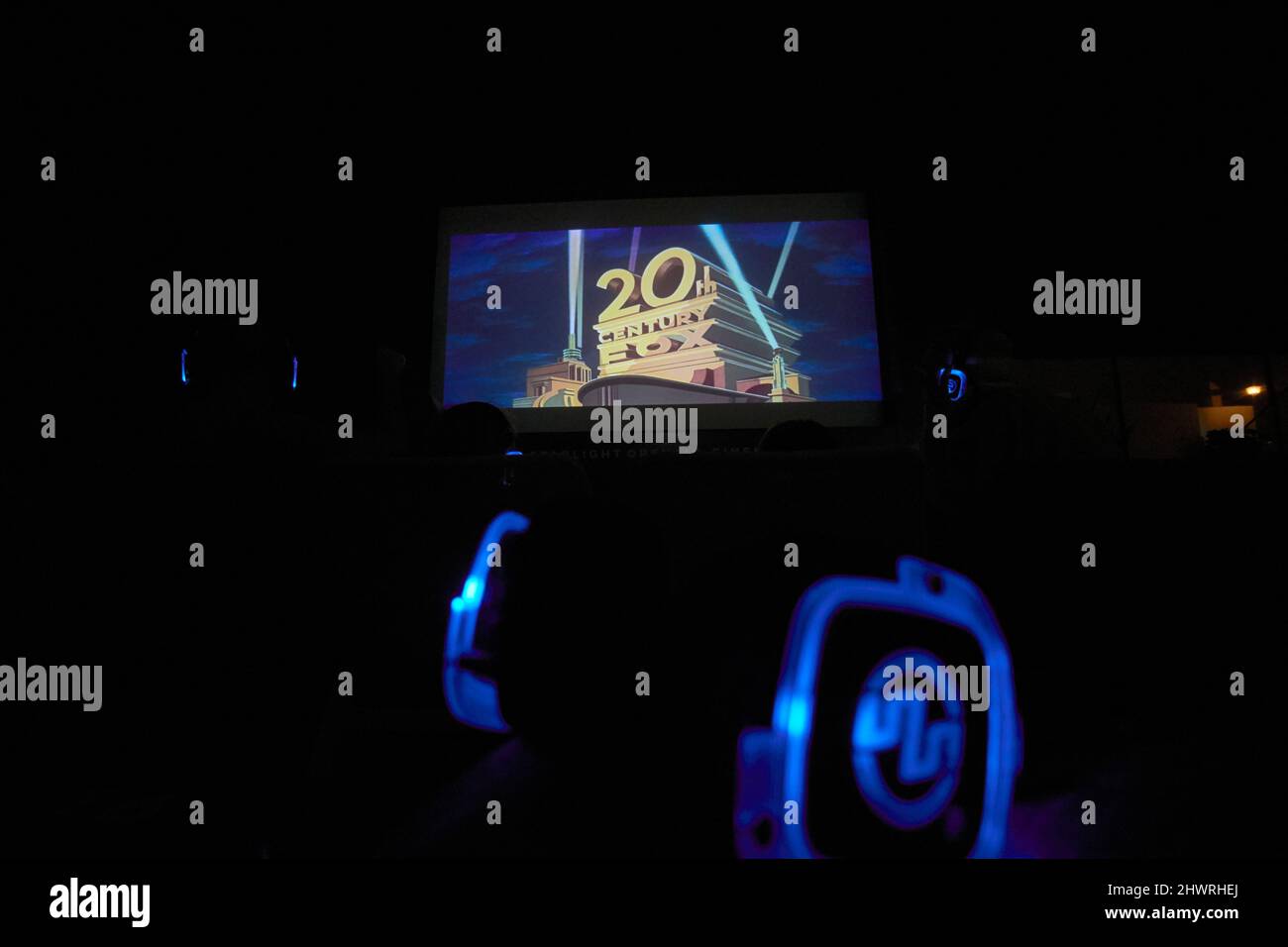 20th century fox logo and illuminated headphones at night starlight open cinema puerto del carmen lanzarote, canary islands, spain Stock Photo