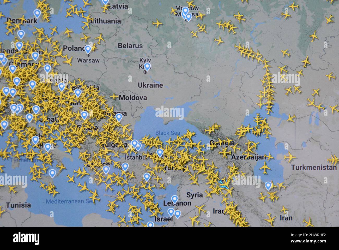 air traffic over East Europe ( march 7, 2022, 2.30 PM ) Stock Photo