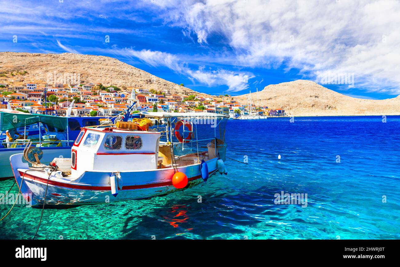 Traditional Greece fishing villages charming Chalki (Halki) island in