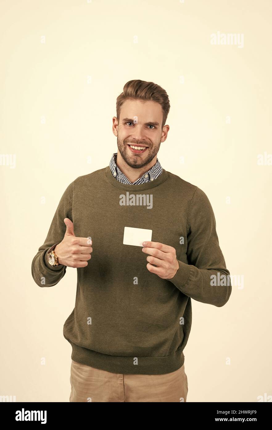 businessman show business card. unshaven business man demonstrating. call me. identification. Stock Photo