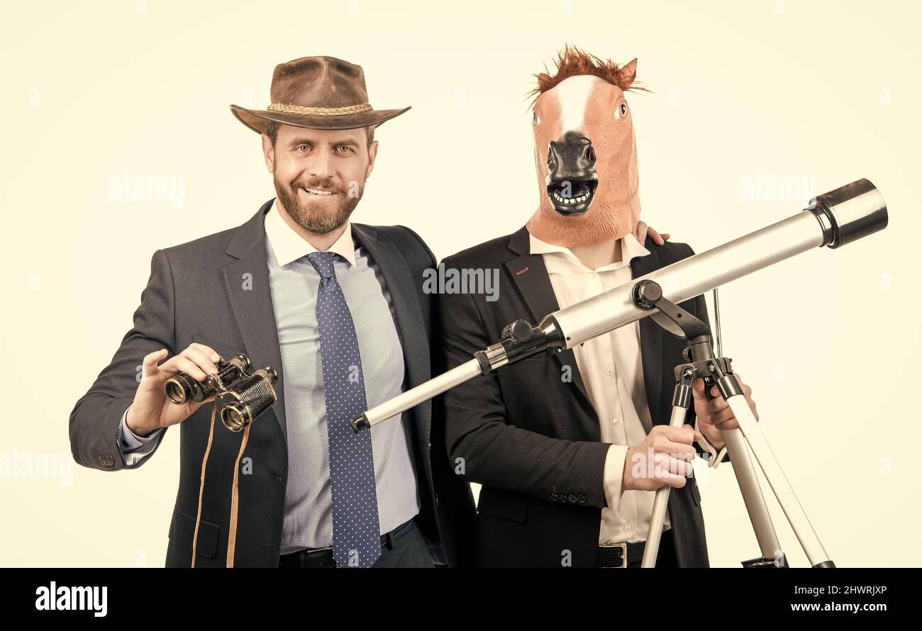 Professional men use telescope and binoculars for observation. Market ...