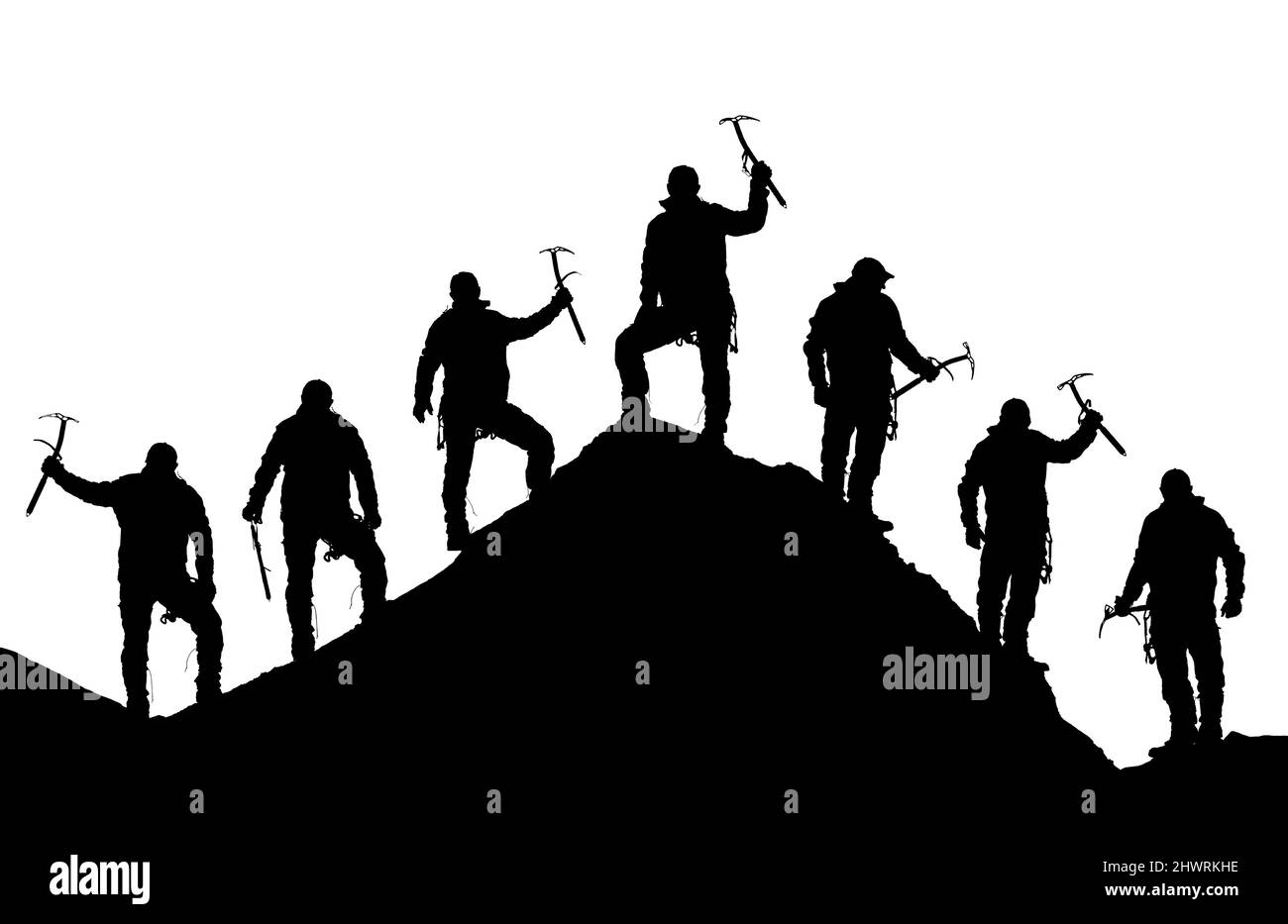 silhouette of seven climbers with ice axe in hand on top of Mount Everest silhouette, black and white mountain vector illustration logo Stock Photo