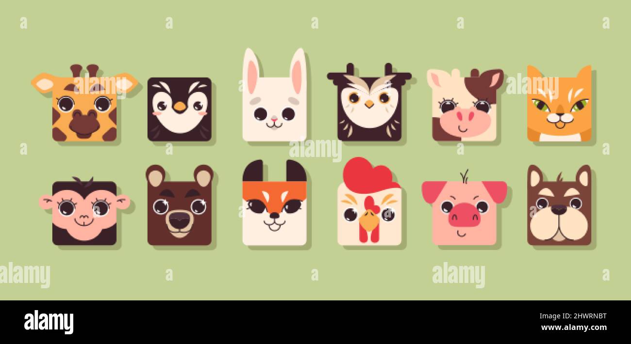 Flat cute square animal faces avatar. Pig, cow, giraffe, owl, monkey, dog,  cat, fox, monkey, penguin, bear, rabbit and rooster zoo ui design elements  for kids. Kid set of pet, wild or