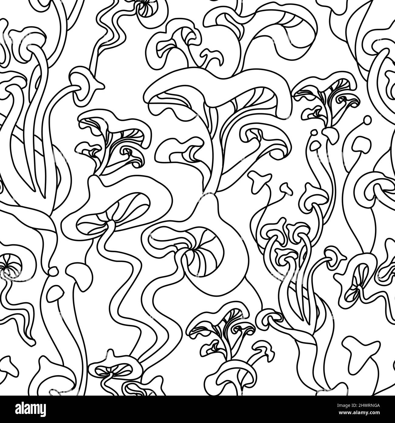 Freehand drawn line magic mushrooms seamless pattern. Stock Vector
