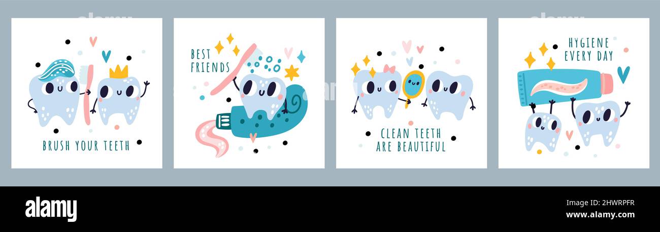 Children dentistry banners. Cute cartoon teeth characters. Oral hygiene ...