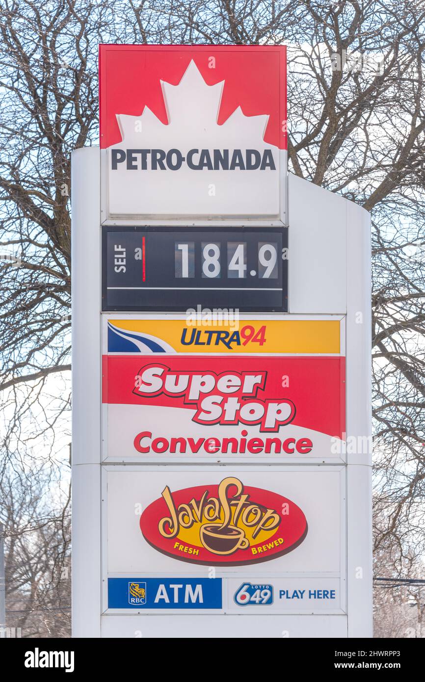 Toronto, Canada March 7, 2022 Gas or gasoline prices hit record