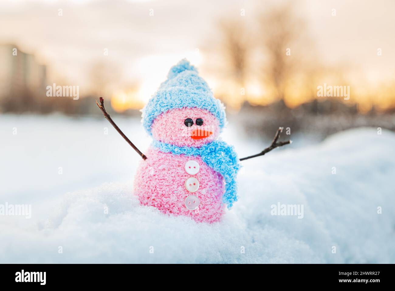 Cute homemade snowman with scarf and hat. Winter's Tale. Winter background. Stock Photo