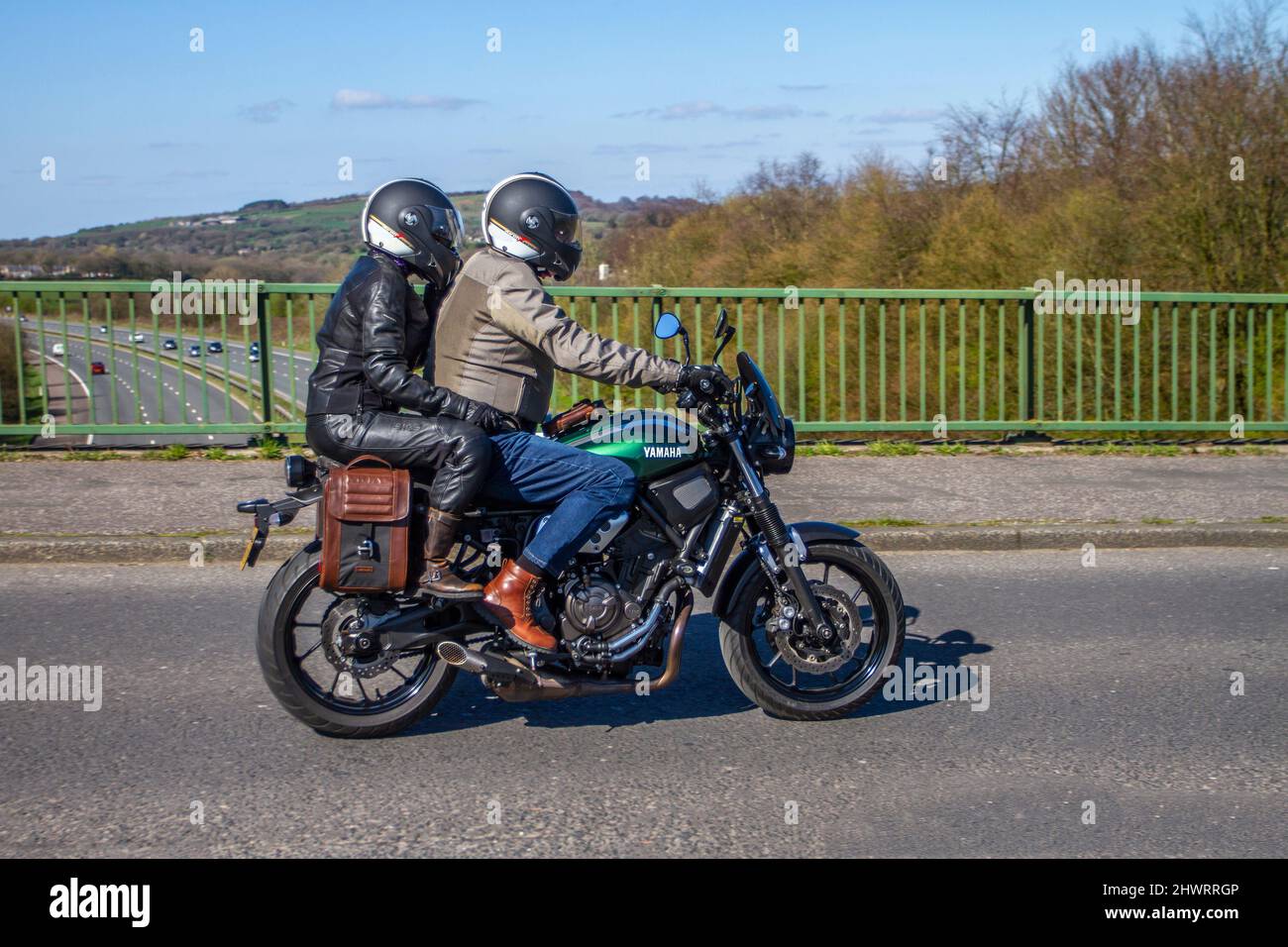 2016 green Yamaha XSR 689cc; Motorbike rider; two wheeled transport, motorcycles, vehicle, roads, motorbikes, motorcycle bike riders motoring in Chorley, UK Stock Photo