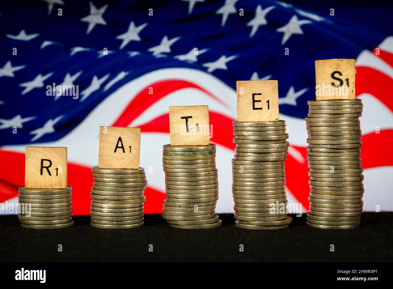 Interest Rates Concept Coin Stacks American Flag Groth Stock Photo