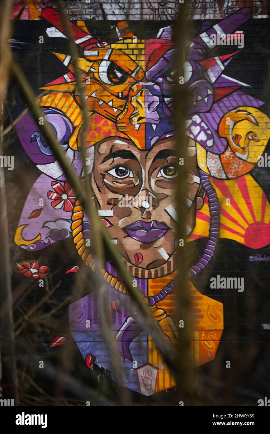 Complex graffiti adorns a wall at the Cold war era Teufelsberg Mount in ...
